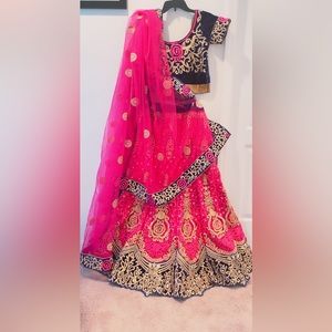 Party Dress Fushia and Navy Blue Golden Embroidered